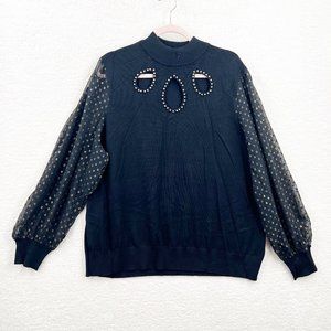 Belldini chiffon dotted sleeve Embelished Keyhole Sweater Black Gold Size 3X